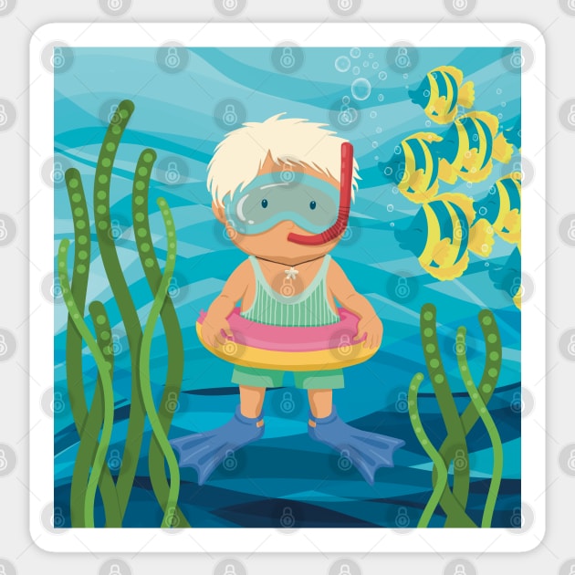 Cute little boy is on vacation  snorkeling in the turquoise sea Sticker by marina63